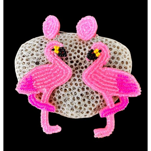 Flamingo Earrings Beaded Dangle Post Pink Statement Jewelry New Caribbea… - Picture 6 of 12